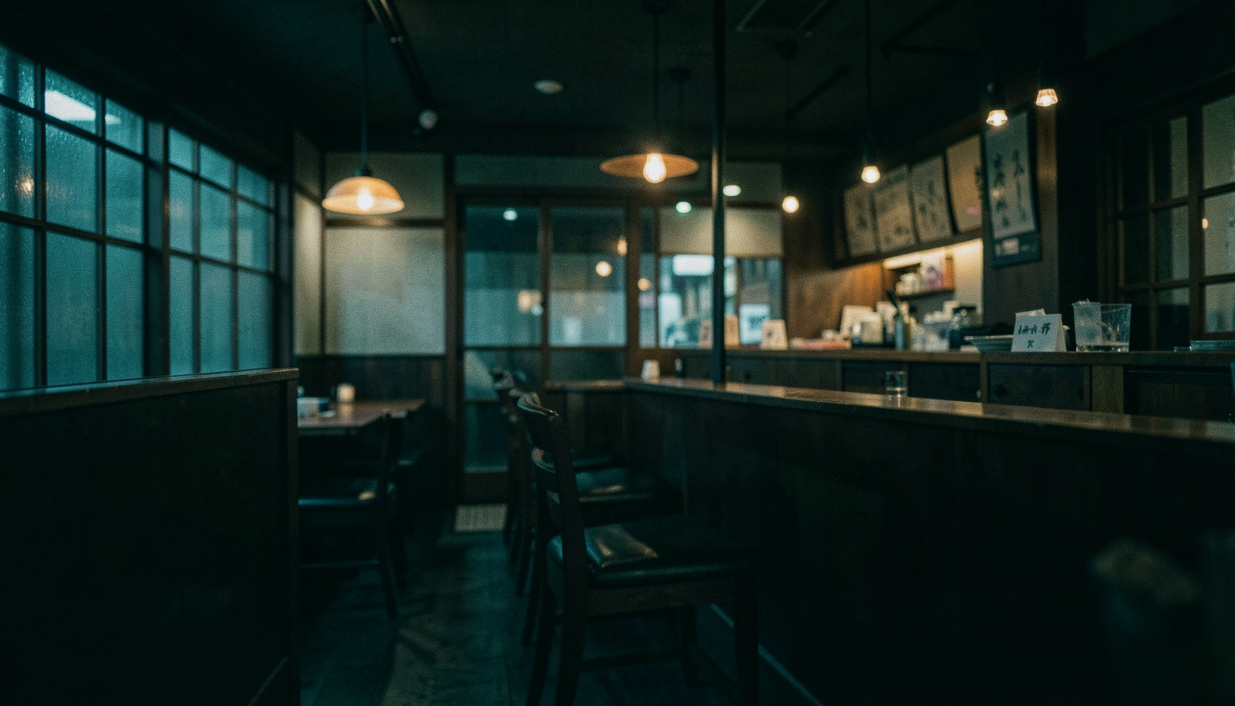 Warm, dimly lit Japanese restaurant interior with dark wood furnishings, soft pendant lighting, and an intimate counter seating area
